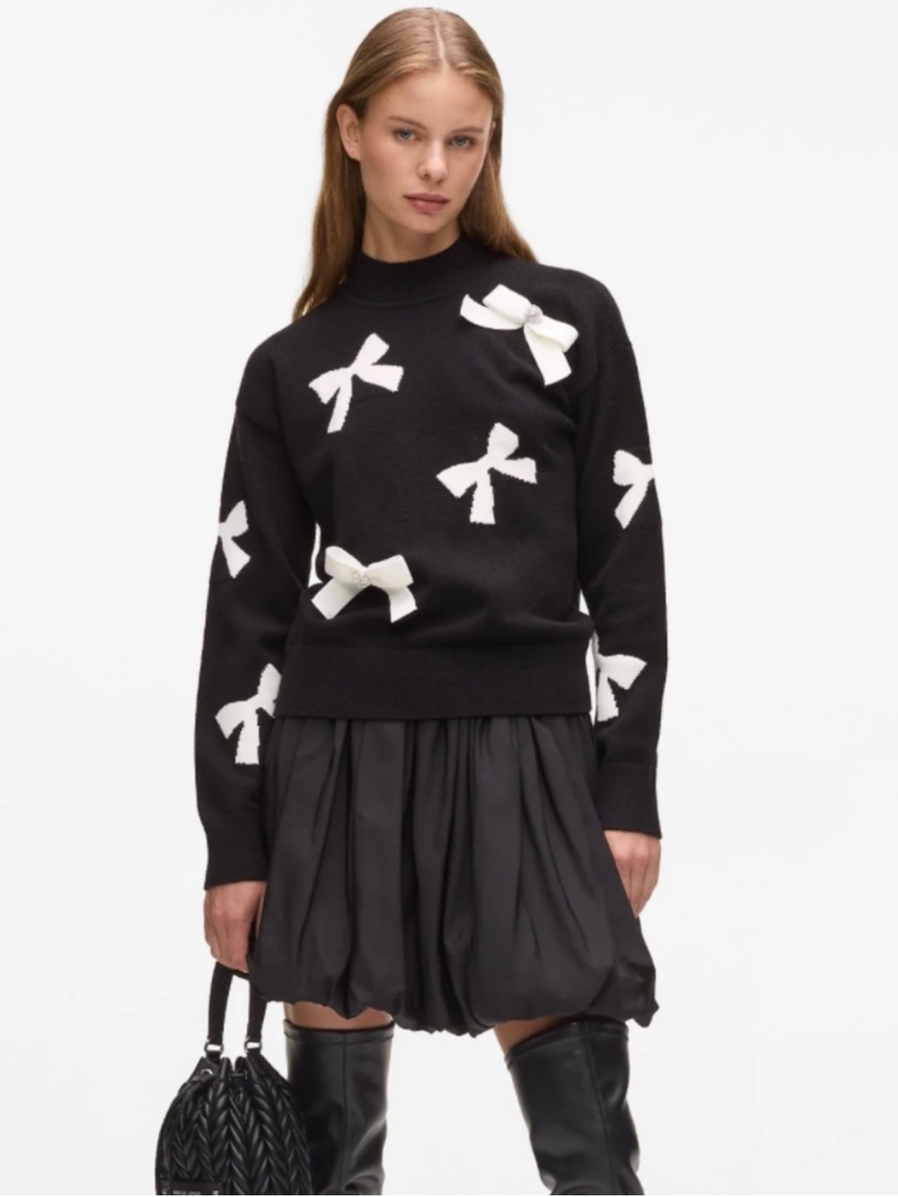 NWT Karl Lagerfeld Paris Women’s 3D Bow Mock Neck Sweater Black White Size L